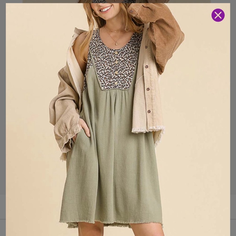 Umgee NWT Sage Leopard Front Pocket Linen-Blend Sleeveless Dress SMALL
